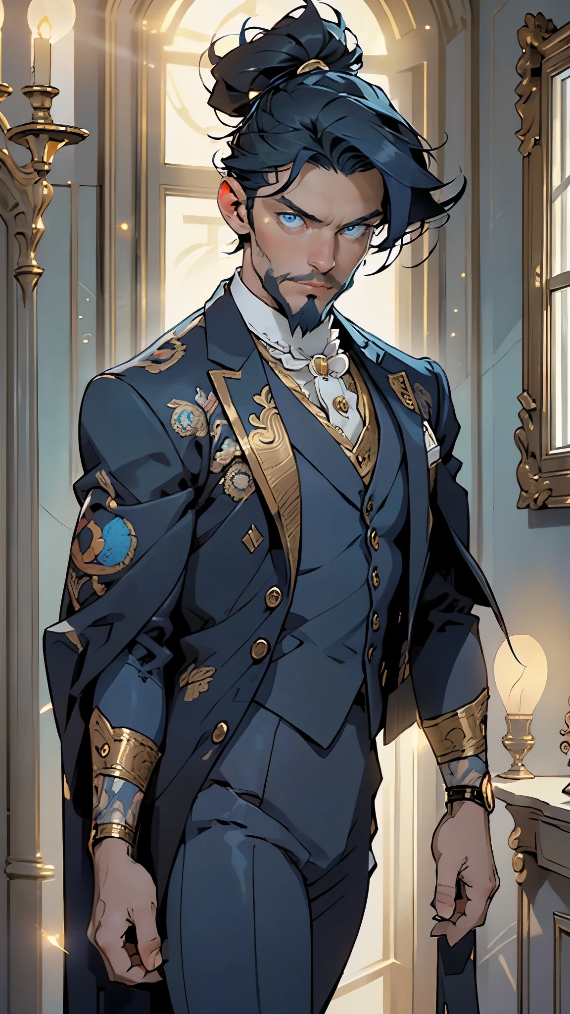 (((Bluebeard))),(the famous character from Charles Perrault's fairy tale),(pectoral,man chest), (40 year old man),mature,((1male,1 male,1man,man,male gender:1.5,male focus)),(((elegant dark blue hair and thick dark blue beard))),(((blue_eyes:1.3))),intricate eyes,beautiful detailed eyes,symmetrical eyes,((detailed face)), (Able to conquer women with his wealth and attention),attractive man, although with an aura of mystery and danger,powerful and fearsome man who hides a dark side,(solo),
tall, corpulent, fierce and penetrating gaze, violent and angry temperament,evil eyes,
(((fine and expensive clothing, dark blue suit, blue velvet suit with gold embroidery))),((exotic animal cape, red cape lined with ermine fur)),((bulge in pants)),((intricate outfit,intricate clothes, Victorian era style clothes)),
(dynamic pose:1.0),mocking,(centered,scale to fit dimensions,Rule of thirds),
((((surrounded by tiny orbs of bright blue light that float and spin around him)))),
indoor,((Victorian style dark palace at night)),scenery:1.25,intricate scenery,extremely scenery,((Victorian style dark palace in the background)),
(Glossy Victorian era ornaments),highres,sharp focus,(ultra detailed,extremely detailed),(photorealistic artwork:1.37),(extremely detailed CG unity 8k wallpaper),(((vibrant colors,vibrant theme))),(intricate),(masterpiece),(best quality),artistic photography,(photography taken by sldr),(intricate background),perfect rendered face,perfect face details,realistic face,photo realistic,((intricate detail)),(((realism))),