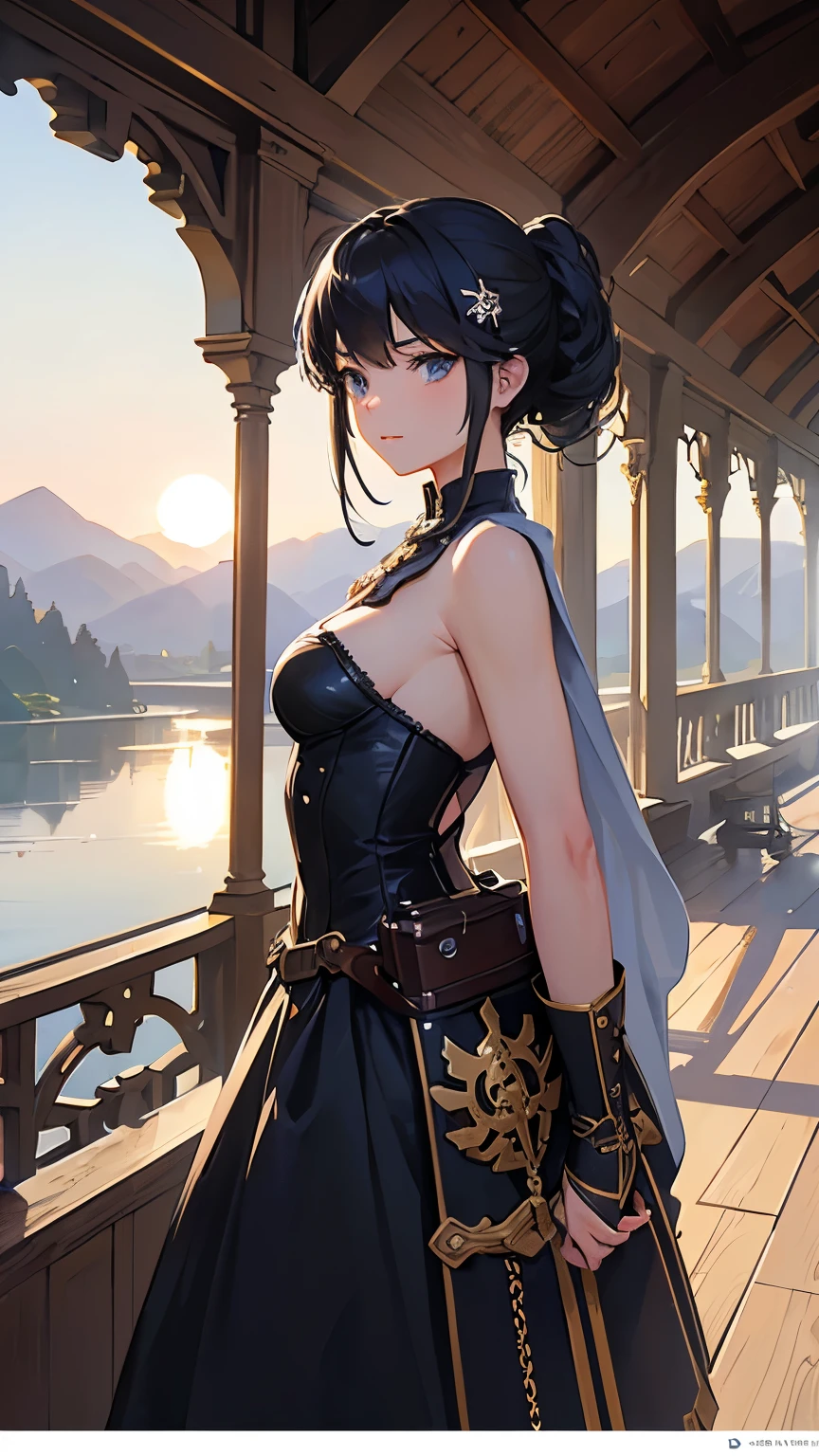 (highest quality、High resolution、masterpiece)、(Anime Art 4k)、(Photorealistic)、Portraiture、 (whole body)、(1 person)、20-year-old woman、( A woman in armor standing on top of a hill)、Beautiful Face、 (Facial detailing)、Black Hair、 short hair、 Beautiful Hair、Shiny Hair、(Put your hair up、Combing hair)、Skin Texture、Slim figure、Small breasts、lace up bodice dress、(steampunk)、Cinema Lighting、Ray Tracing、Soft Light、Landscape painted on a foggy morning、outside of home、Nice views、Lake and mountains in the distance background々、(Sargent-style watercolor)、(Edmund Leighton Style)、