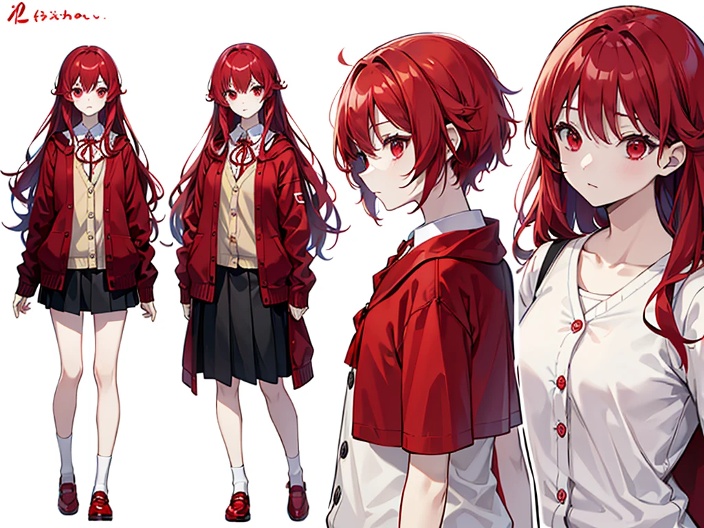 (Character Sheet、whole body、front, return, side, left, right, superior, Down) 、girl、Red Hair、Red Eyes、Wavy Hair、cardigan、White clothes、Red ribbon、Red Shoes、White Background、Simple Background