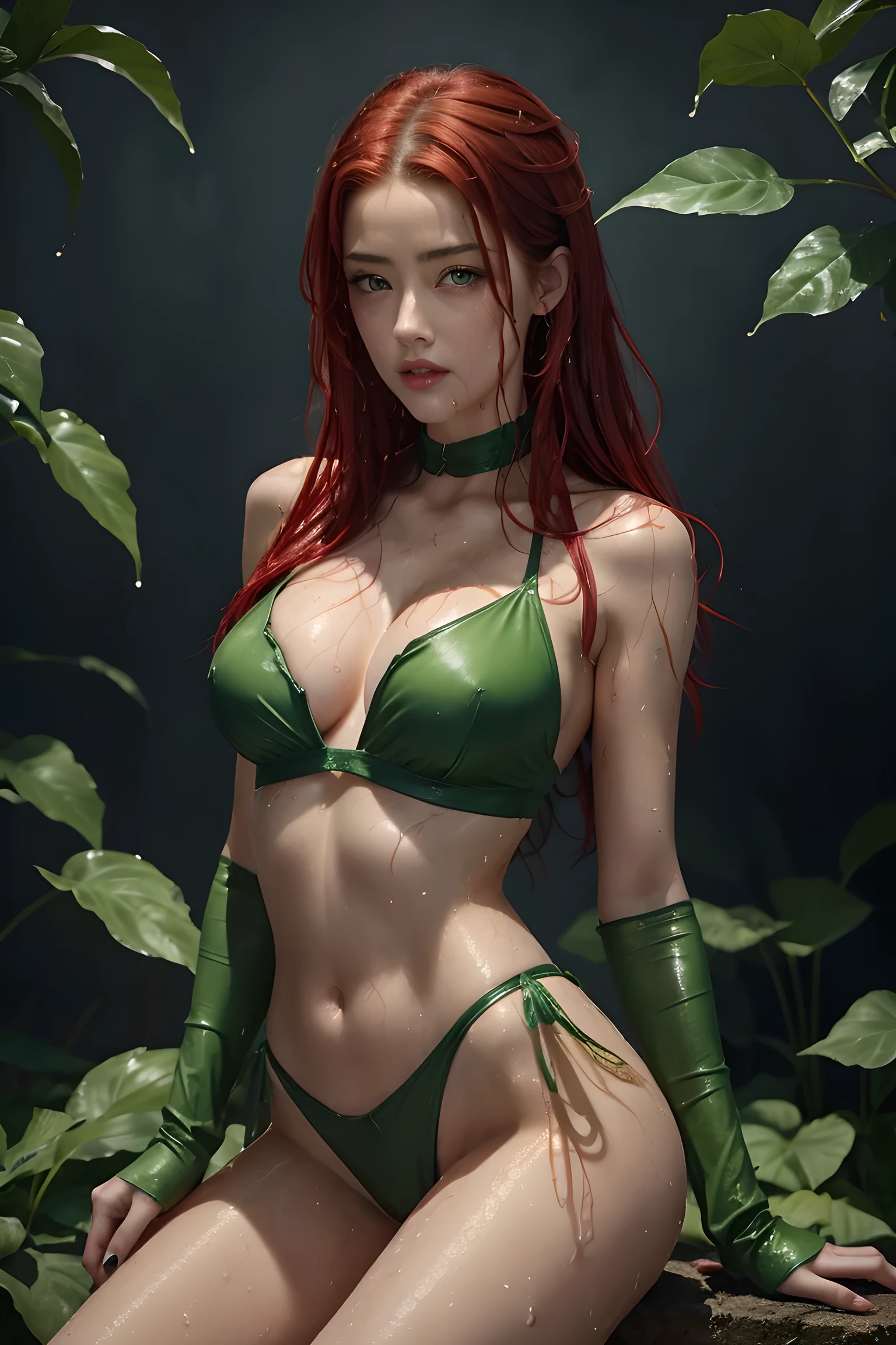 Amber Heard ,She breast size is M cup, full body, she very sexy, she have perfect body, she red hair, she so beautifully,She have good eyes,she is so wet,She's wearing a green poison ivy costume, close up