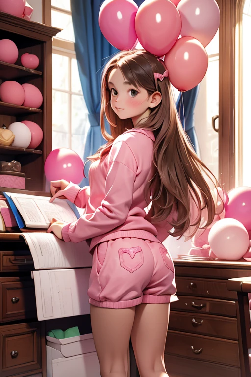 (holding pink ballons), (((full body))), real photo,  girl, Brat female , (((drawers))), ((looking back at me)), 