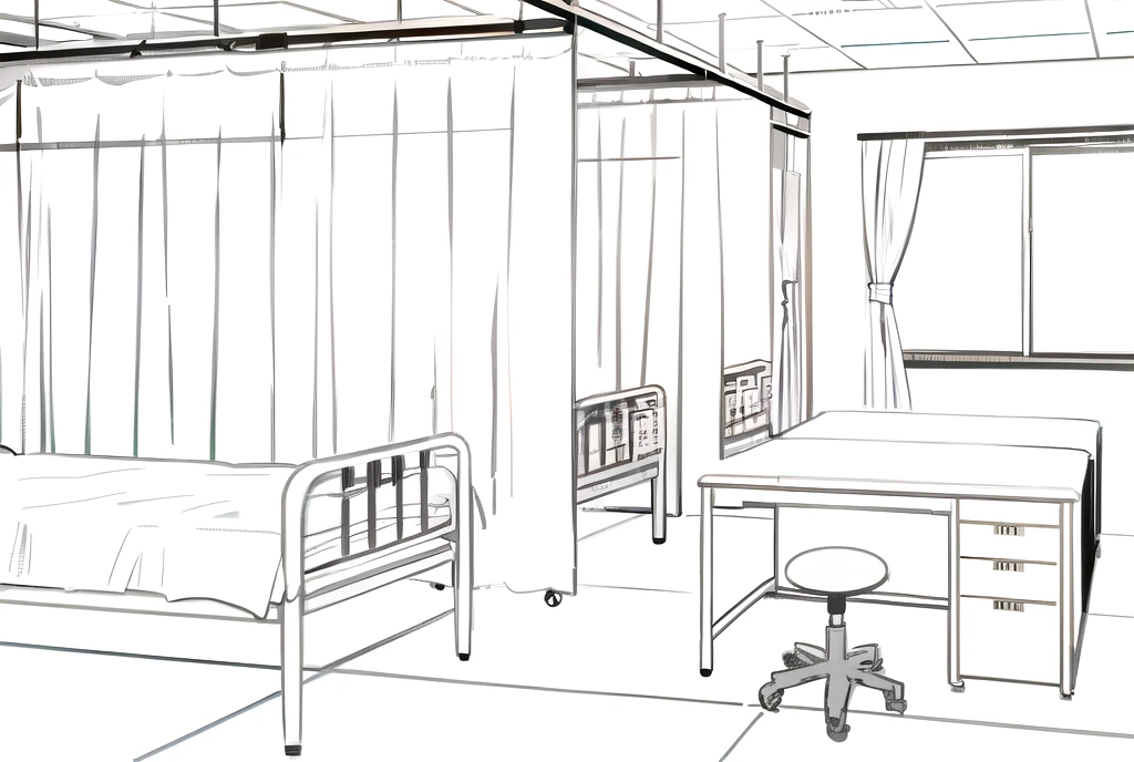 drawing of a hospital room with a bed, Desk and chair, hospital ward, hospital room, 医療figure面, hospital interior, Digital Rendering, figure], hospital, ornate hospital room, an figure of, whole page figure, inside an ornate hospital room, hospital background, operating room, architectural figure, an figure, 医療figure面 with annotations, Cutscenes
