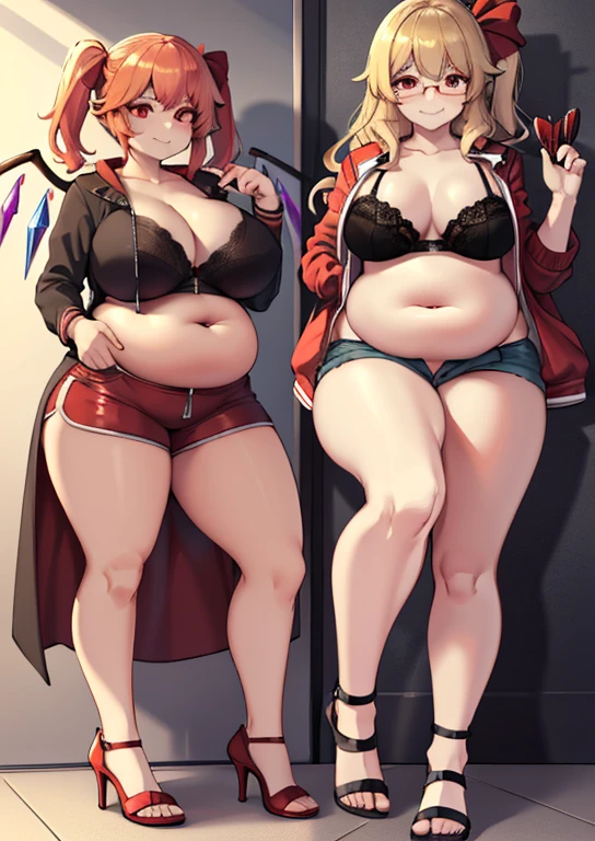 (masterpiece, best quality, highly detailed), 1girls, big belly, huge belly, art by kipteitei, round belly, chubby, curvy, belly grab, enormous belly, fat belly, thicc, bigger belly, really big belly, jiggly belly, glasses, unzipped jacket, (no shirt), bra, thight shorts, high heels, smug face ((full body)), long hair, Flandre scarlet