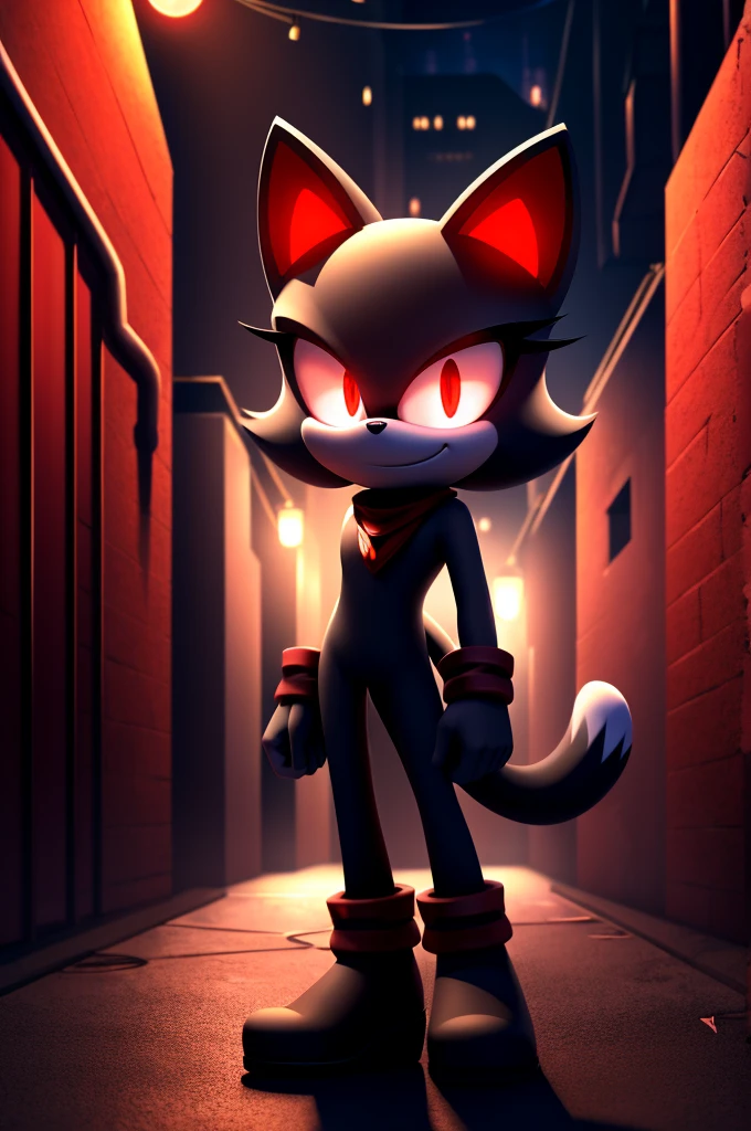 (((masterpiece))), High quality, studio quality, dark colors, 4k, solo character, mobian, wispy grey and black fur, female cat demon, evil smile, triumphant pose, black eyeballs with glowing red pupils, black eyes, red pupils, smoky atmosphere, in the back of a dark city alleyway, nighttime, digital art