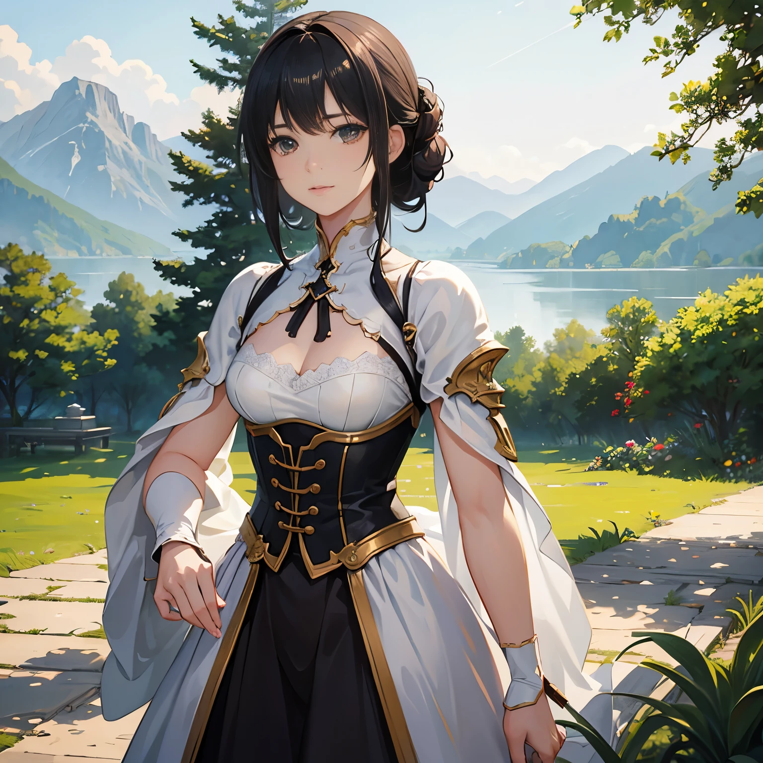 (highest quality、High resolution、masterpiece)、(Anime Art 4k)、(Photorealistic)、Portraiture、 (whole body)、(1 person)、20-year-old woman、( A woman in armor standing on top of a hill)、Beautiful Face、 (Facial detailing)、Black Hair、 short hair、 Beautiful Hair、Shiny Hair、(Put your hair up、Combing hair)、Skin Texture、Slim figure、Small breastedieval light armor、Beautiful Armor、Armor Skirt、mini skirt、lace up bodice dress、steampunk、Cinema Lighting、Ray Tracing、Soft Light、Landscape painted on a foggy morning、Outdoor、Nice views、Lake and mountains in the distance background々、(Sargent-style watercolor)、(Edmund Leighton Style)、