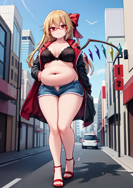 (masterpiece, best quality, highly detailed), 1girls, big belly, huge belly, art by kipteitei, round belly, chubby, curvy, belly grab, enormous belly, fat belly, thicc, bigger belly, really big belly, jiggly belly, glasses, unzipped jacket, (no shirt), bra, thight shorts, high heels, smug face ((full body)), long hair, Flandre scarlet