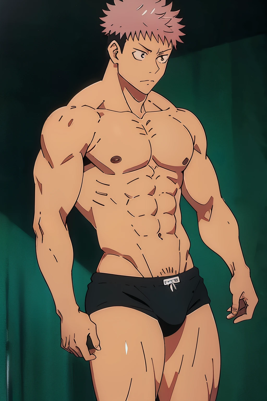 Yuji Itadori from Jujutsu Kaisen, wearing black swimsuit, stretching, slightly muscular, defined body, shirtless, abs, big legs