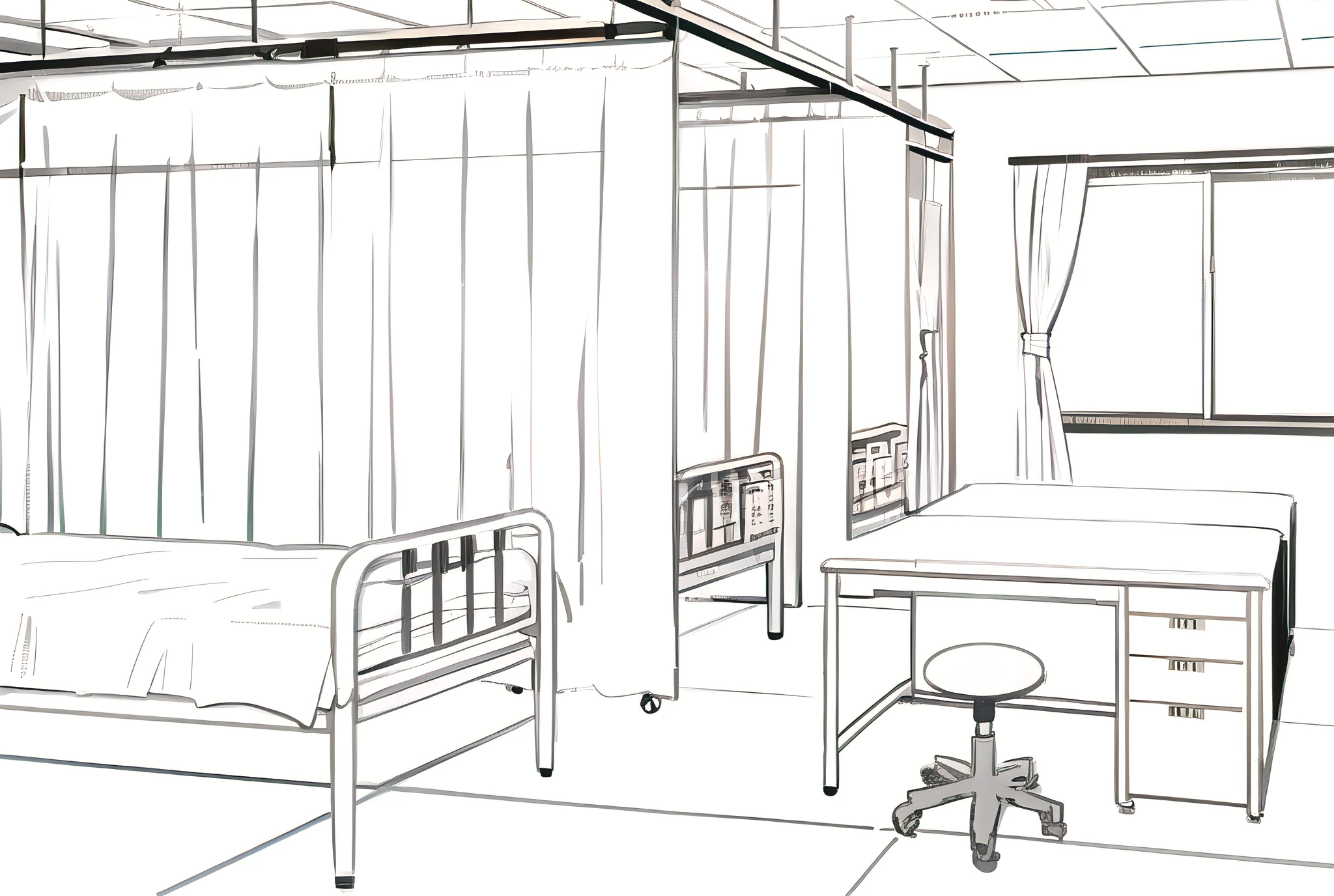 drawing of a hospital room with a bed, Desk and chair, hospital ward, hospital room, Medical figure surface, hospital interior, Digital Rendering, figure], hospital, ornate hospital room, an figure of, whole page figure, inside an ornate hospital room, hospital background, operating room, architectural figure, an figure, Medical figure surface with annotations, Cutscenes