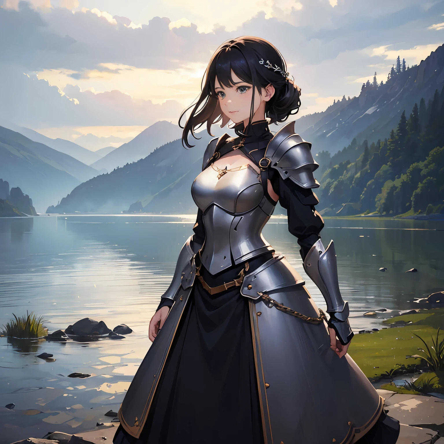 (highest quality、High resolution、masterpiece)、(Anime Art 4k)、(Photorealistic)、Portraiture、 (whole body)、(1 person)、20-year-old woman、( A woman in armor standing on top of a hill)、Beautiful Face、 (Facial detailing)、Black Hair、 short hair、 Beautiful Hair、Shiny Hair、(Put your hair up、Combing hair)、Skin Texture、Slim figure、Small breastedieval light armor、Beautiful Armor、Armor Skirt、lace up bodice dress、steampunk、Cinema Lighting、Ray Tracing、Soft Light、Landscape painted on a foggy morning、Outdoor、Nice views、Lake and mountains in the distance background々、(Sargent-style watercolor)、(Edmund Leighton Style)、