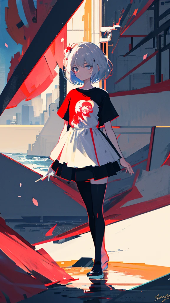 (shape: giant gram), (Flat Color:0.9),(colorful:1.1),(masterpiece:1,2), highest quality, masterpiece, High resolution, original, Highly detailed wallpaper, View your viewers,,,A Cyborg Girl,alone,Portraiture, T-Shirts, Mark Rothko & basquiat style background, oil, abstract expressionism, Expressionless,cherry blossoms,cherry blossomsの花,cherry blossoms並木,Five fingers,Standing with a good-looking face,Gray Hair,Short Bob,river,Water Play,Sitting