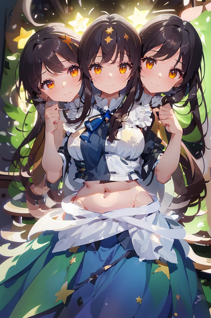 (masterpiece, best quality), best quality, (ultra-detailed), (3heads:1.5), 1girl, (star sapphire:1.3), masterpiece, best quality, ultra quality, ultra resolution, ultra detail, white top, crop top, ((stomach)), midriff, ((groin)), open midriff, white and blue skirt, miniskirt, normal ears, shackles, dark brown hair, very long hair, wavy hair, sidelocks, yellow eyes, detailed eyes, parted lips, fairy wings, sweat, cute, open belly, toned belly, hand on own chest, eyelashes, (24 year old woman:1.3), (masterpiece:1.5), (best quality:1.5), (beautiful detailed), extremely detailed CG, extremely delicate and beautiful, depth of field, (finely detailed face), (perfect details:1.2), ( female:1.3), wide pelvis, slender, large veiny breastresolution, highres, high quality, high definition, extremely detailed, masterpiece, dark brown hair, long hair, alluring presence, braid, short skirt, miniskirt, close up, big , young, blue ribbon attached to the hair, butterfly-sh wings, open belly, midriff, nsfw, bare stomach,