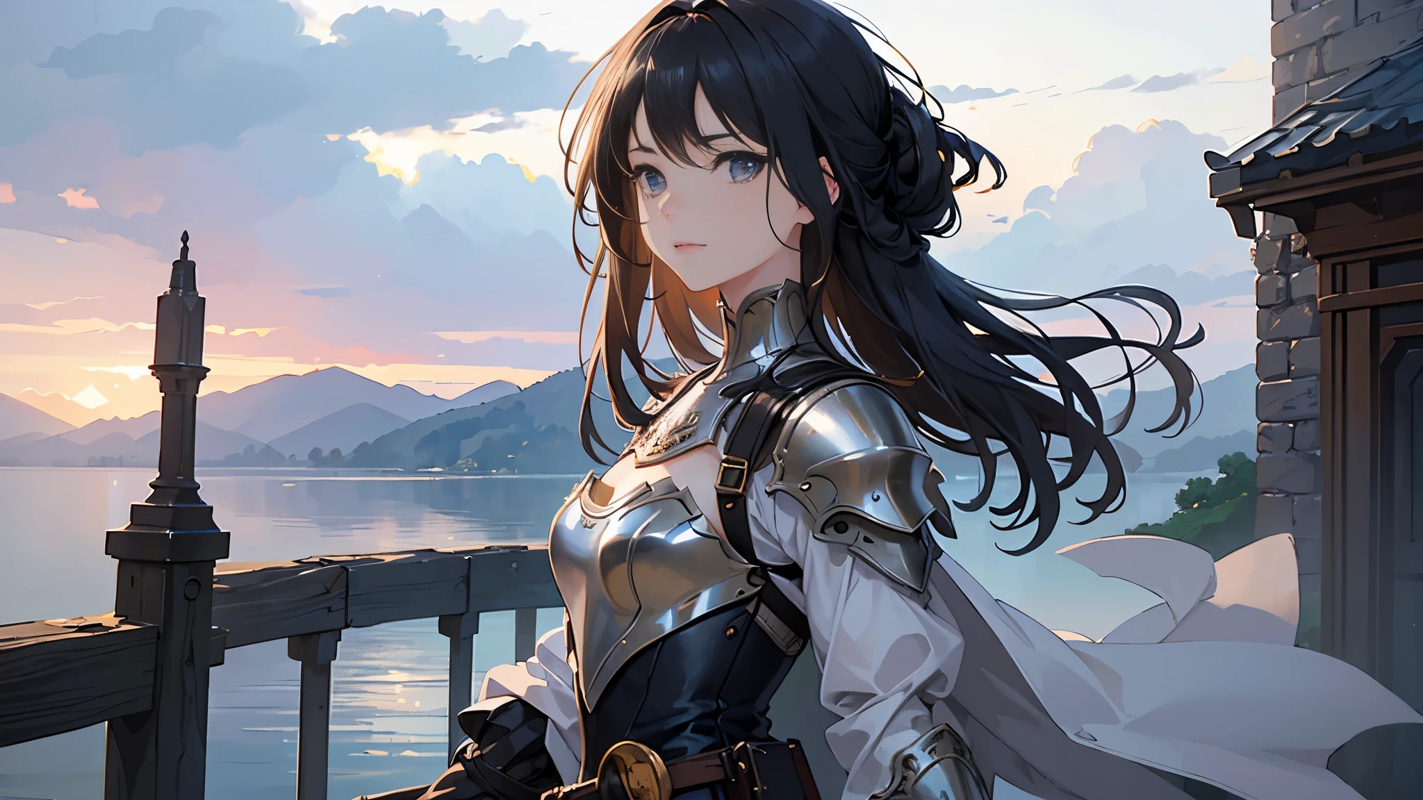 (highest quality、High resolution、masterpiece)、(Anime Art 4k)、(Photorealistic)、Portraiture、 (whole body)、(1 person)、20-year-old woman、( A woman in armor standing on top of a hill)、Beautiful Face、 (Facial detailing)、Black Hair、 short hair、 Beautiful Hair、Shiny Hair、(Put your hair up、Combing hair)、Skin Texture、Slim figure、Small breasts、lace up bodice dress、(steampunk)、Cinema Lighting、Ray Tracing、Soft Light、Landscape painted on a foggy morning、outside of home、Nice views、Lake and mountains in the distance background々、(Sargent-style watercolor)、(Edmund Leighton Style)、