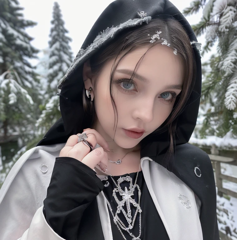 1 miniature Beautiful beautiful woman - Yuan Sayuki, ((top quality, 8K, Masterpiece:1.retty woman, 1 woman, huge breasts:1.3, a slim body:1.1, lush white short hair, (shower, wet body, wet clothes:1.1), very detailed face, detailed lips, detailed eyes, double eyelids, Detailed blue eyes, чрезвычайно Detailed Outstanding Blue Eyes, short white wet hair, white wet hair, Detailed Outstanding Blue Eyes, innocent look at the viewer, very wet wavy white hair, Detailed Outstanding Blue Eyes, huge cross earrings, Outdoors, badges behind, gothic wedding uniform, sexy gothic style wedding dress with veil, bare chest, huge chest tattoo wearing a wreath, detailed huge catholic cross earrings, chest tattoo, Outside - there are trees and a buddhist temple in the background (mountain vicinity), wear a silver cross (Detailed cross shape), reality mode, wet breasts, black necklace, black wedding dress and black veil, human crowd behind, head/forehead chain veil, black latex gloves, naked breasts, naked breasts, naked nipples, hair of white snowy colour, night time, red neon lights, demonic nun, nimbus (golden lighting ring above her head), angel, snowy weather, Detailed buddhist temple behind