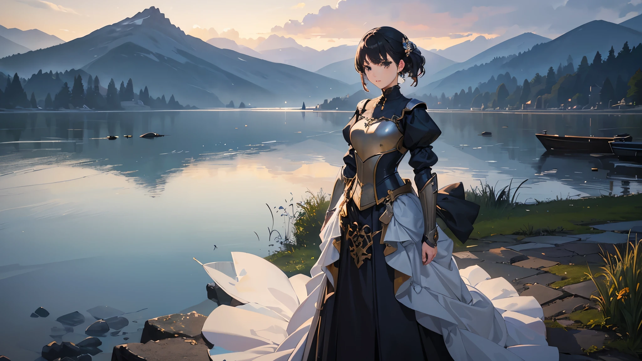 (highest quality、High resolution、masterpiece)、(Anime Art 4k)、(Photorealistic)、Portraiture、 (whole body)、(1 person)、20-year-old woman、( A woman in armor standing on top of a hill)、Beautiful Face、 (Facial detailing)、Black Hair、 short hair、 Beautiful Hair、Shiny Hair、(Put your hair up、Combing hair)、Skin Texture、Slim figure、Small breastedieval light armor、Beautiful Armor、Armor Skirt、lace up bodice dress、steampunk、Cinema Lighting、Ray Tracing、Soft Light、Landscape painted on a foggy morning、Outdoor、Nice views、Lake and mountains in the distance background々、(Sargent-style watercolor)、(Edmund Leighton Style)、