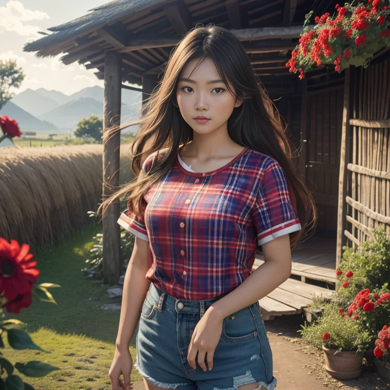 Best picture quality, Masterpiece, Ultra high resolution 8K, photograph, Asian girl wearing old, ripped, short jeans., Wears a short-sleeved shirt with a red and blue plaid pattern. Strong and beautiful.;) Long hair blows up in the wind.,) Look straight at the camera intently.,) Natural countryside with old thatched huts,) There are red flowers around. The sunlight shone brightly.,.. Picture clarity 8k, Taken with a high quality camera 45,000,000 pixels