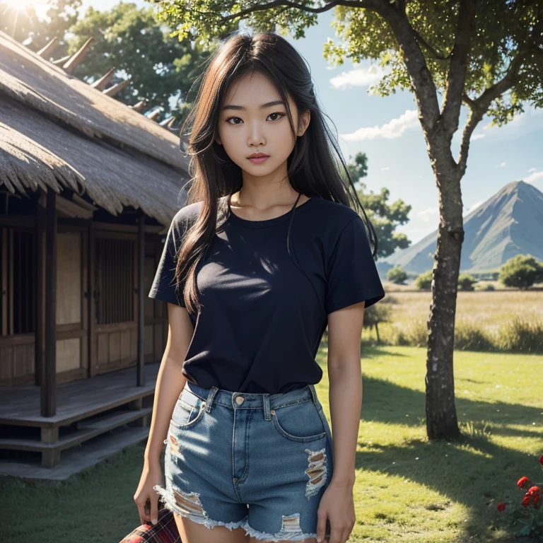 Best picture quality, Masterpiece, Ultra high resolution 8K, photograph, Asian girl wearing old, ripped, short jeans., Wears a short-sleeved shirt with a red and blue plaid pattern. Strong and beautiful.;) Long hair blows up in the wind.,) Look straight at the camera intently.,) Natural countryside with old thatched huts,) There are red flowers around. The sunlight shone brightly.,.. Picture clarity 8k, Taken with a high quality camera 45,000,000 pixels