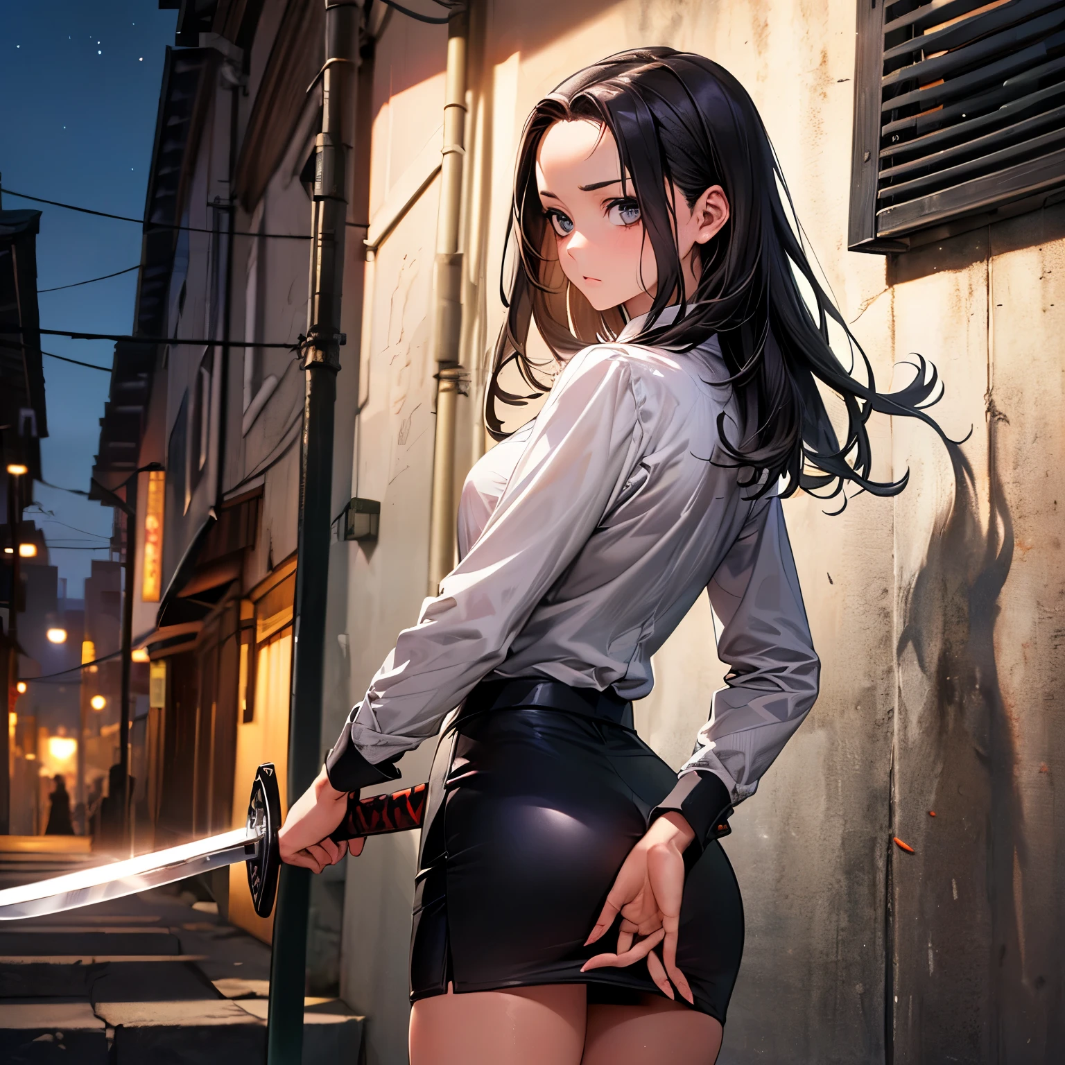 ((A woman fighting the approaching zombies))、((perfect anatomy,realistic:1.3,RAW Photography:1.3,masterpiece、highest quality、Ultra - High resolution、High resolution、Highly detailed CG、8K)),cowboy shot,1 female,solo,18-year-old、High school girl swordsman、18-year-oldの美少女,Japanese,(((beautiful detailed face and eyes:1.3,big gorgeous eyes:1.5,gray eyes,shy))),black hair,long bob hair,(center parted hair,forehead),(medium breasts,slender body,small head:1.3,skinny),((oily skin)),(gleaming skin,shiny skin),(black tight mini skirt、black business suit、White shirt、Black tie)、Dynamic Pose,Slashing zombies with a sword、Fighting with Japan swords、Accurately depicted Japanese sword、Back Alley、at night、moonlight、Tokyo、