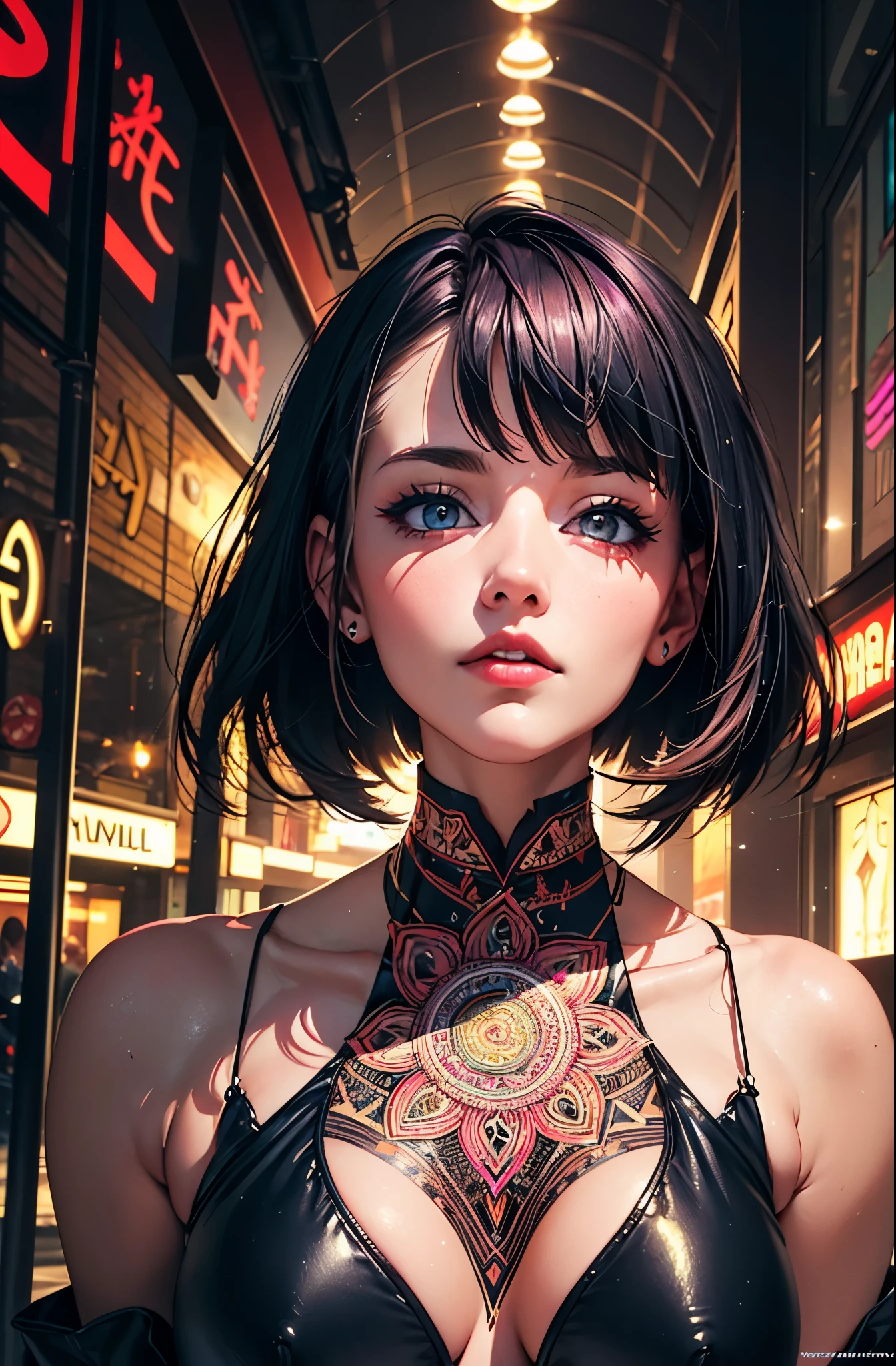 Centered, symmetrical, portrait official art, red pink vibrant, unity 8k wallpaper, ultra detailed, beautiful and aesthetic, masterpiece, best quality, (zentangle, mandala, tangle, entangle), (fractal art:1.3), 25 year old woman, happy sexy, extremely detailed, dynamic angle, vivid colours, romanticism, atmospheric, ecstasy of musical notes, streaming musical notes visible. Luminous light. Luminous, 4K, highly detailed Cyberpunk alley at night.
