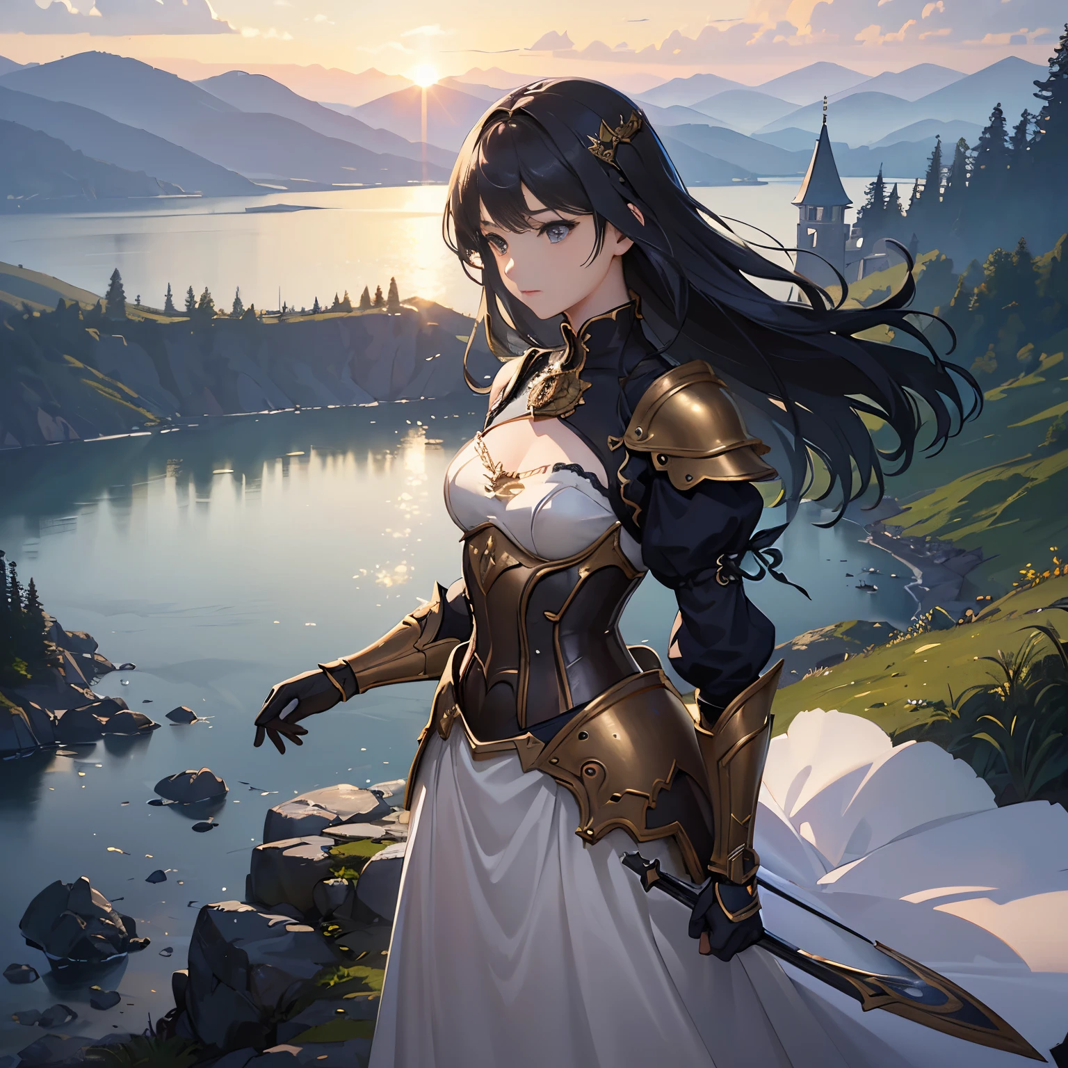 (highest quality、High resolution、masterpiece)、(Anime Art 4k)、(Photorealistic)、Portraiture、 (whole body)、(1 person)、20-year-old woman、( A woman in armor standing on top of a hill)、Beautiful Face、 (Facial detailing)、Black Hair、 short hair、 Beautiful Hair、Shiny Hair、(Put your hair up、Combing hair)、Skin Texture、Slim figure、Small breastedieval light armor、Beautiful Armor、Armor Skirt、lace up bodice dress、steampunk、Cinema Lighting、Ray Tracing、Soft Light、Landscape painted on a foggy morning、Outdoor、Nice views、Lake and mountains in the distance background々、(Sargent-style watercolor)、(Edmund Leighton Style)、