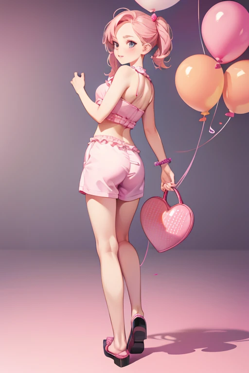 (holding pink ballons), (((full body))), real photo, 11 years old girl, Brat female , (((drawers))), ((looking back at me)),