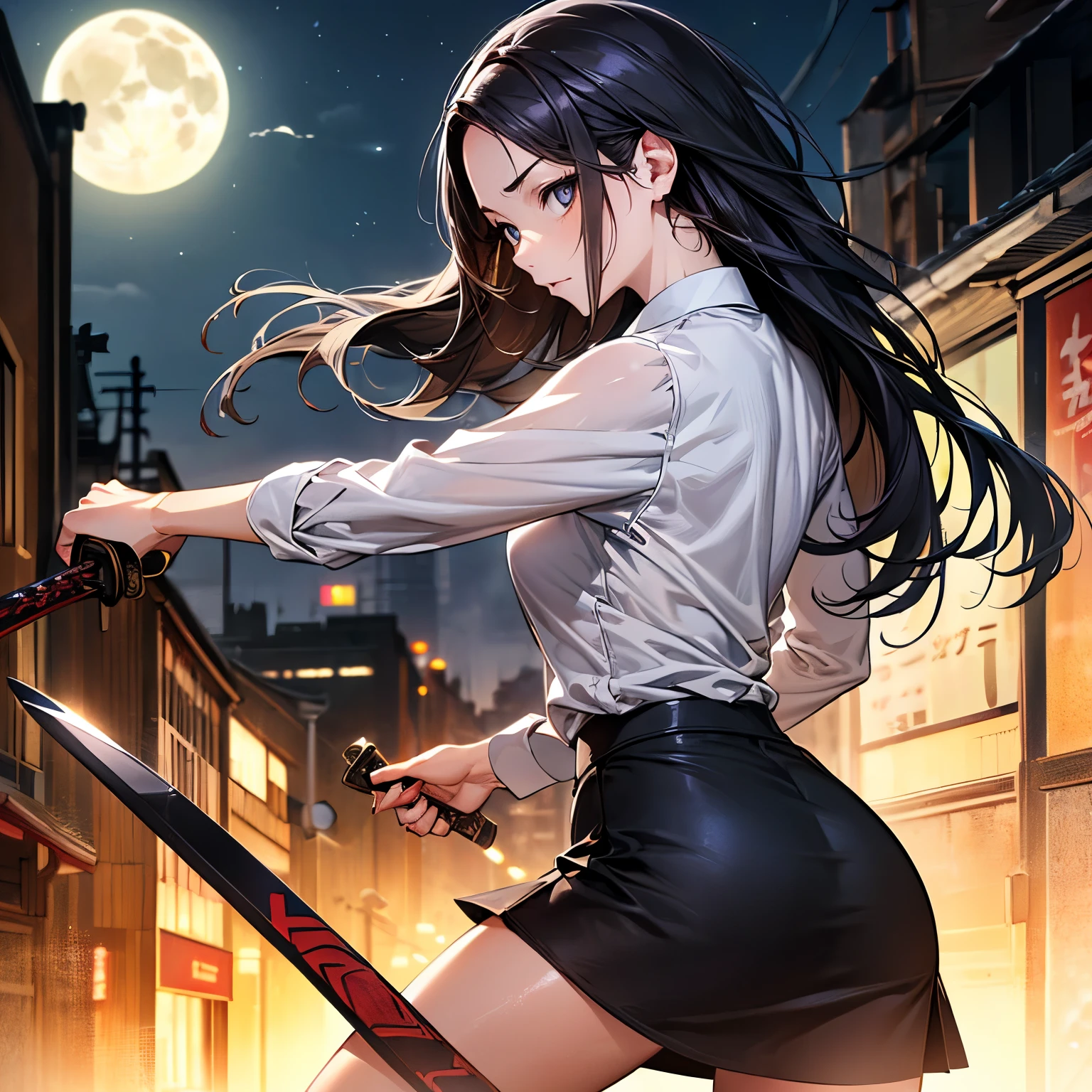 ((A woman fighting the approaching zombies))、((perfect anatomy,realistic:1.3,RAW Photography:1.3,masterpiece、highest quality、Ultra - High resolution、High resolution、Highly detailed CG、8K)),cowboy shot,1 female,solo,18-year-old、High school girl swordsman、18-year-oldの美少女,Japanese,(((beautiful detailed face and eyes:1.3,big gorgeous eyes:1.5,gray eyes,shy))),black hair,long bob hair,(center parted hair,forehead),(medium breasts,slender body,small head:1.3,skinny),((oily skin)),(gleaming skin,shiny skin),(black tight mini skirt、black business suit、White shirt、Black tie)、Dynamic Pose,Slashing zombies with a sword、Fighting with Japan swords、Accurately depicted Japanese sword、Back Alley、at night、moonlight、Tokyo、