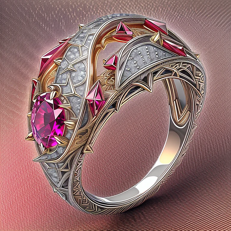 Masterpiece,highest quality,(Nothing but the ring),(No Man),Phoenix ring setting,starrysky,Wrapped around the end from beginning to end,Delicate silver ring,Starry sky in the ring,The sheen,inverted image,Sparkling Ruby-Diamond gemstones,Elegant and noble,The magic pattern on it emits the light of the Tyndall effechines with a noble red light,The golden-red tone is filled with dark-style graphics,simple backgound,
