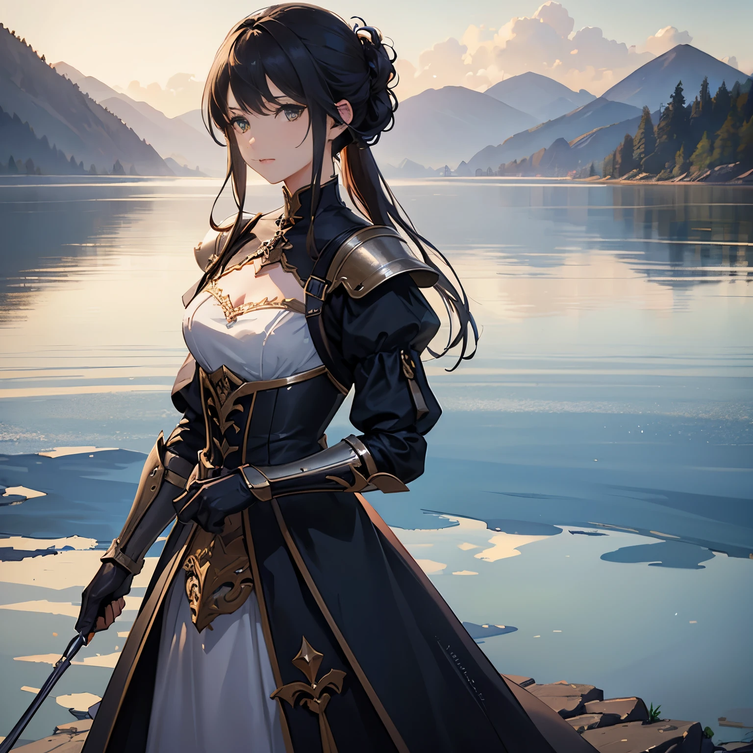 (highest quality、High resolution、masterpiece)、(Anime Art 4k)、(Photorealistic)、Portraiture、 (whole body)、(1 person)、20-year-old woman、( A woman in armor standing on top of a hill)、Beautiful Face、 (Facial detailing)、Black Hair、 short hair、 Beautiful Hair、Shiny Hair、(Put your hair up、Combing hair)、Skin Texture、Slim figure、Small breastedieval light armor、Beautiful Armor、Armor Skirt、lace up bodice dress、steampunk、Cinema Lighting、Ray Tracing、Soft Light、Landscape painted on a foggy morning、Outdoor、Nice views、Lake and mountains in the distance background々、(Sargent-style watercolor)、(Edmund Leighton Style)、