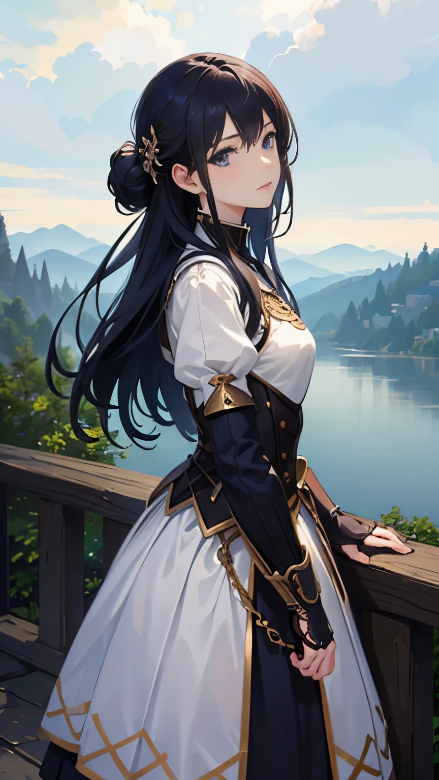 (highest quality、High resolution、masterpiece)、(Anime Art 4k)、(Photorealistic)、Portraiture、 (whole body)、(1 person)、20-year-old woman、( A woman in armor standing on top of a hill)、Beautiful Face、 (Facial detailing)、Black Hair、 short hair、 Beautiful Hair、Shiny Hair、(Put your hair up、Combing hair)、Skin Texture、Slim figure、Small breastedieval light armor、Beautiful Armor、Armor Skirt、lace up bodice dress、steampunk、Cinema Lighting、Ray Tracing、Soft Light、Landscape painted on a foggy morning、Outdoor、Nice views、Lake and mountains in the distance background々、(Sargent-style watercolor)、(Edmund Leighton Style)、