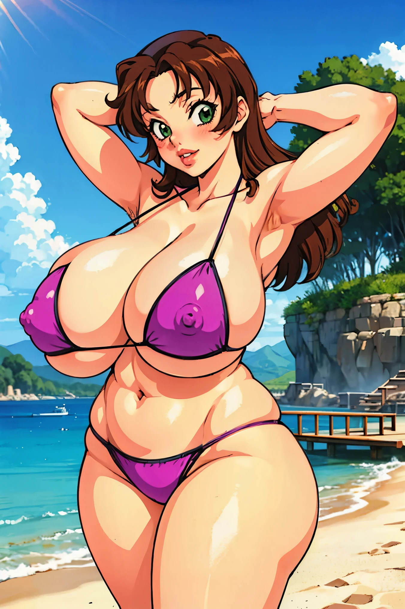 (anime,anime style,high quality、high resolution、masterpiece、4k,8k),(kinoshita akemi,brown hair,long hair,green eyes,thick lips,lipsthick),(gigantic breasts:1.5),(beach:1),(undressing,bikini:1.5),smile,arms up,(nipples:1.2)