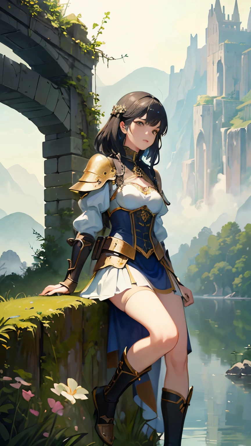 (highest quality、High resolution、masterpiece)、(Anime Art 4k)、(Photorealistic)、Portraiture、 (whole body)、(1 person)、20-year-old woman、( A woman in armor standing on top of a hill)、Beautiful Face、 (Facial detailing)、Black Hair、 short hair、 Beautiful Hair、Shiny Hair、(Put your hair up、Combing hair)、Skin Texture、Slim figure、Small breastedieval light armor、Beautiful Armor、Armor Skirt、lace up bodice dress、steampunk、Cinema Lighting、Ray Tracing、Soft Light、Landscape painted on a foggy morning、Outdoor、Nice views、Lake and mountains in the distance background々、(Sargent-style watercolor)、(Edmund Leighton Style)、