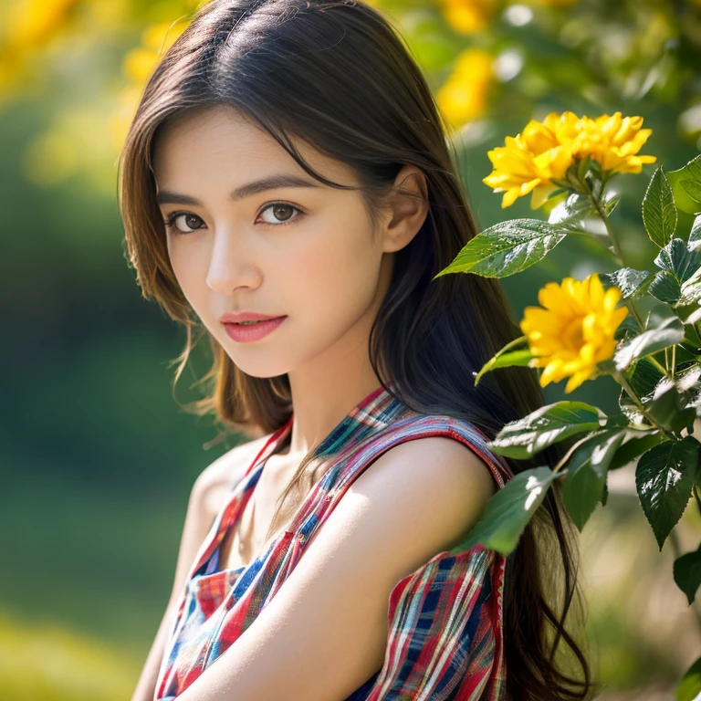 Best picture quality, Masterpiece, Ultra high resolution 8K, photograph, Asian girl wearing old, ripped, short jeans., Wears a short-sleeved shirt with a red and blue plaid pattern. Strong and beautiful.;) Long hair blows up in the wind.,) Look straight at the camera intently.,) Natural countryside with old thatched huts,) There are red flowers around. The sunlight shone brightly.,.. Picture clarity 8k, Taken with a high quality camera 45,000,000 pixels