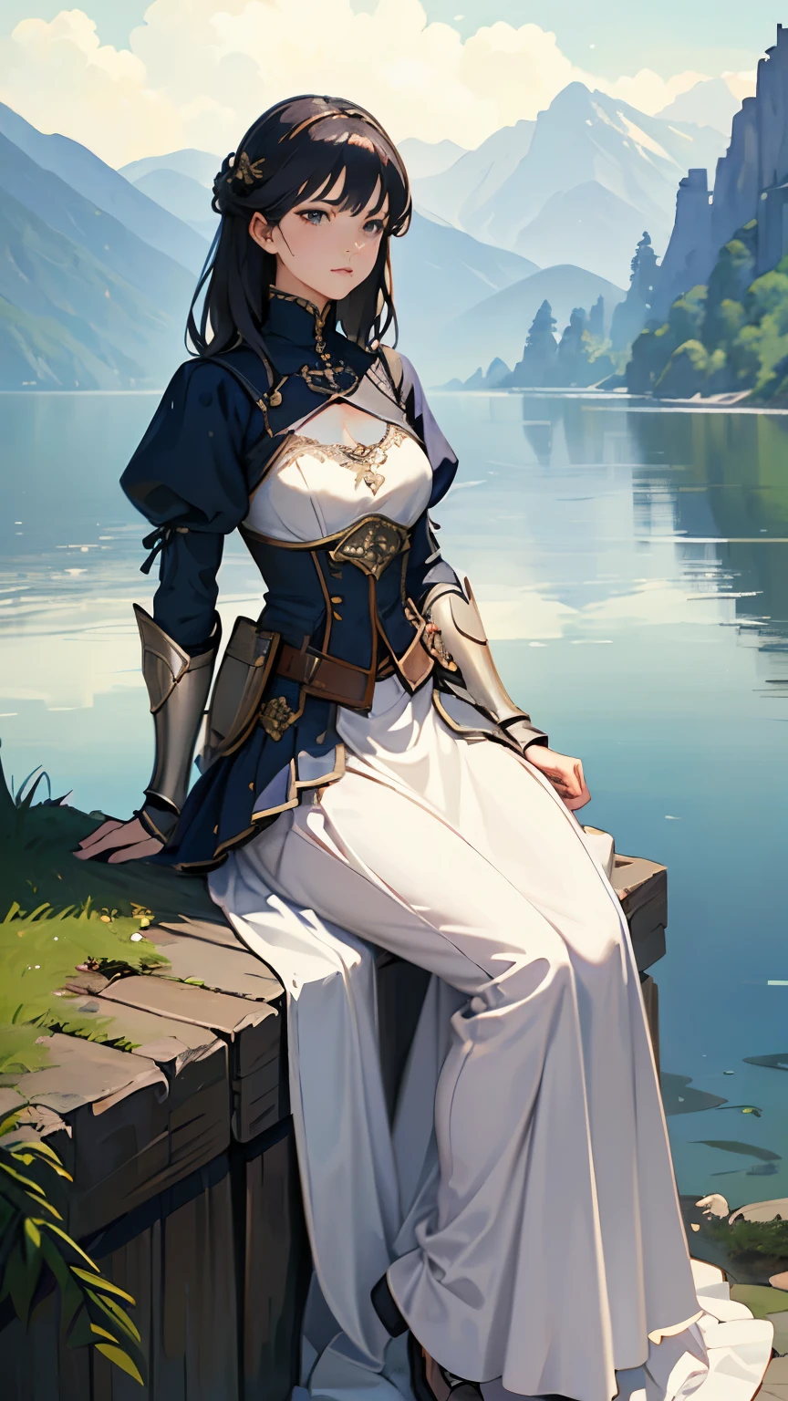 (highest quality、High resolution、masterpiece)、(Anime Art 4k)、(Photorealistic)、Portraiture、 (whole body)、(1 person)、20-year-old woman、( A woman in armor standing on top of a hill)、Beautiful Face、 (Facial detailing)、Black Hair、 short hair、 Beautiful Hair、Shiny Hair、(Put your hair up、Combing hair)、Skin Texture、Slim figure、Small breastedieval light armor、Beautiful Armor、Armor Skirt、lace up bodice dress、steampunk、Cinema Lighting、Ray Tracing、Soft Light、Landscape painted on a foggy morning、Outdoor、Nice views、Lake and mountains in the distance background々、(Sargent-style watercolor)、(Edmund Leighton Style)、