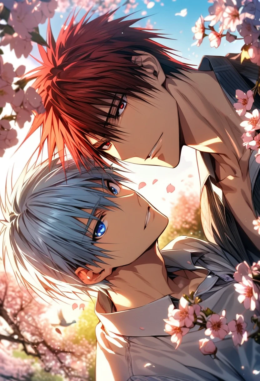 absurdres, highres, ultra detailed, HDR, masterpiece, extremely detailed face and eyes, Kagami Taiga, red short hair, expressive red eyes, Kuroko No Basket, Kuroko Tetsuya, light-blue hair, expressive blue eyes, 2men together, gay couple, handsome, spring, blossoms, petals, birds