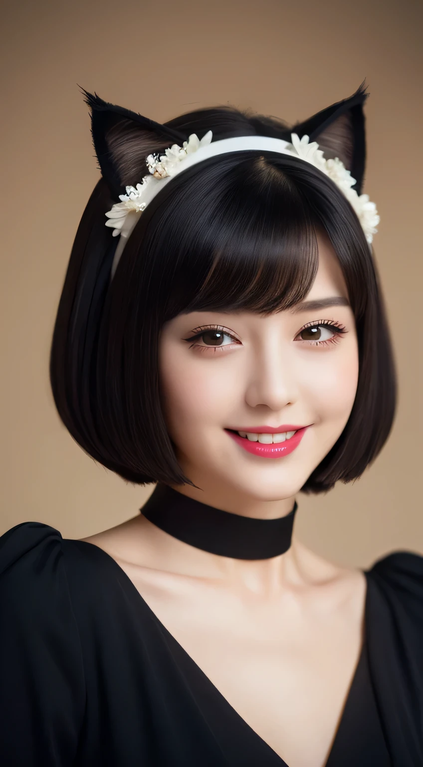 (highest quality, masterpiece, High resolution), (Reality),Cinematic light、Soft Light、Adult female, Black Hair,Bobcut, Black cat costume, hair ornaments, choker, Cat ears、 Captivating smile,