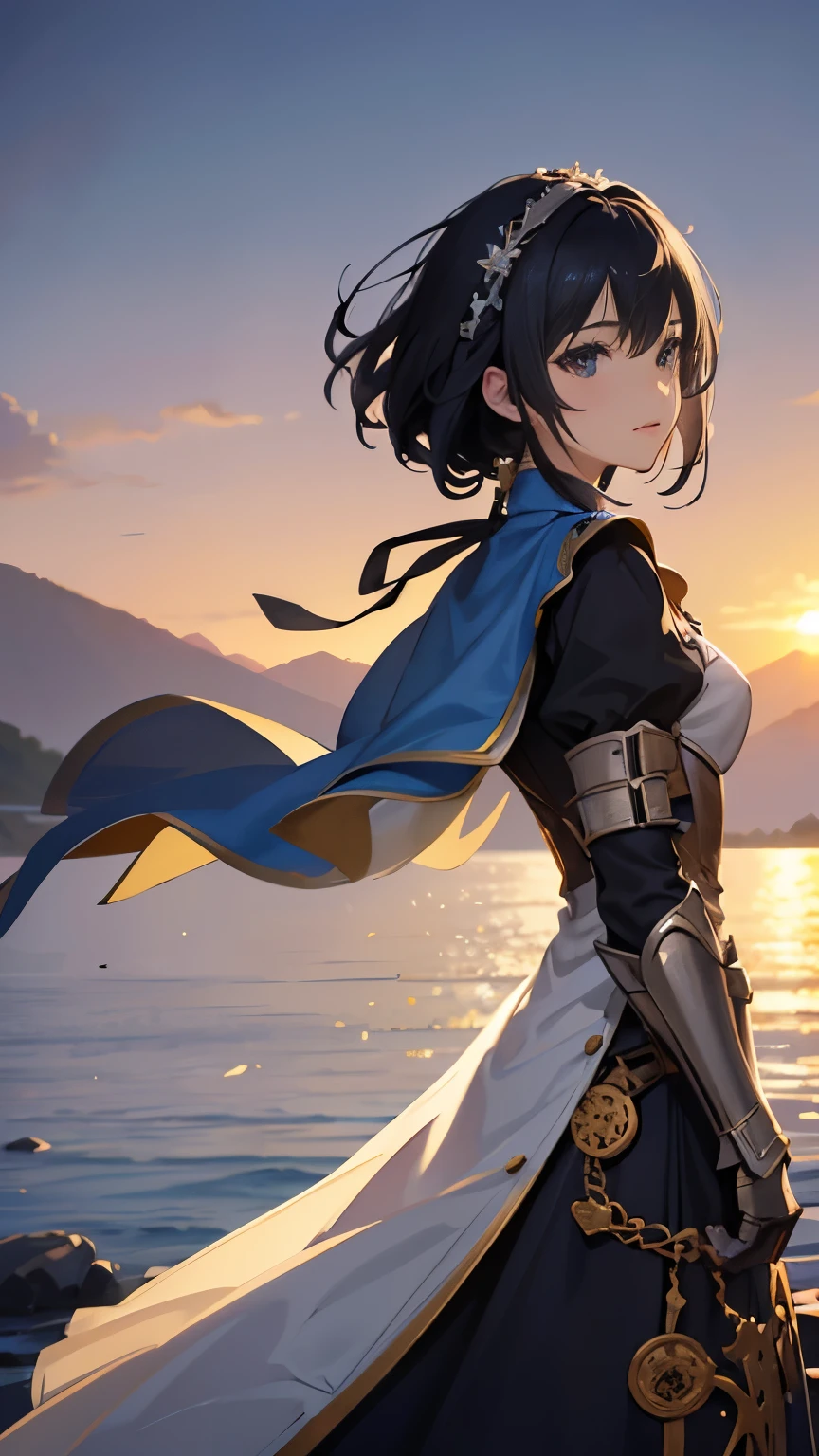 (highest quality、High resolution、masterpiece)、(Anime Art 4k)、(Photorealistic)、Portraiture、 (whole body)、(1 person)、20-year-old woman、( A woman in armor standing on top of a hill)、Beautiful Face、 (Facial detailing)、Black Hair、 short hair、 Beautiful Hair、Shiny Hair、(Put your hair up、Combing hair)、Skin Texture、Slim figure、Small breastedieval light armor、Beautiful Armor、Armor Skirt、lace up bodice dress、steampunk、Cinema Lighting、Ray Tracing、Soft Light、Landscape painted on a foggy morning、Outdoor、Nice views、Lake and mountains in the distance background々、(Sargent-style watercolor)、(Edmund Leighton Style)、