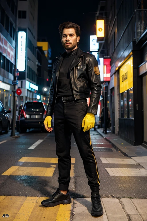 wolverine mirando de espalda conn traje negro futurista tomada con un iphone 14 pro las luces  equilibradas , la locacion  es una calle futurista, el traje tiene detalles de neon amarillo 