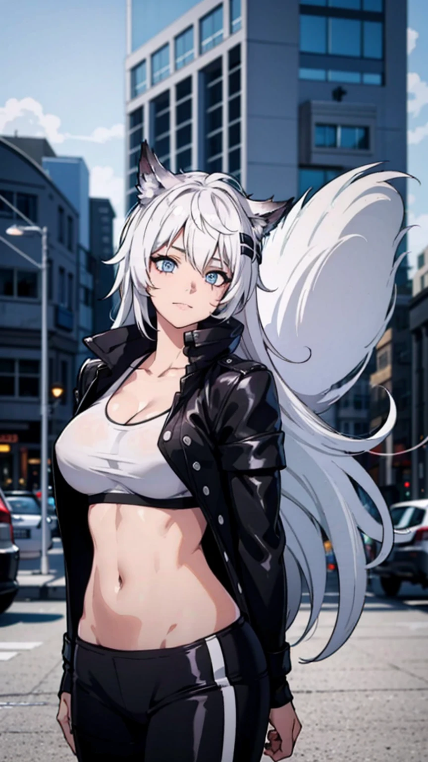 best quality, Ultra-high resolution, (Realistic:1.4), 1 girl, Loose Oversized Black Jacket, White Sports Bra, (yoga pants:1), (Large Breasts:1.2), L looks at the audience, Smile, Foote Body, street, Urban, cosmetic, Wide Angle,