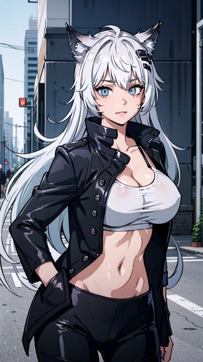best quality, Ultra-high resolution, (Realistic:1.4), 1 girl, Loose Oversized Black Jacket, White Sports Bra, (yoga pants:1), (Large Breasts:1.2), L looks at the audience, Smile, Foote Body, street, Urban, cosmetic, Wide Angle,