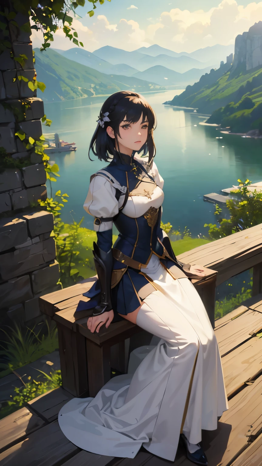 (highest quality、High resolution、masterpiece)、(Anime Art 4k)、(Photorealistic)、Portraiture、 (whole body)、(1 person)、20-year-old woman、( A woman in armor standing on top of a hill)、Beautiful Face、 (Facial detailing)、Black Hair、 short hair、 Beautiful Hair、Shiny Hair、(Put your hair up、Combing hair)、Skin Texture、Slim figure、Small breastedieval light armor、Beautiful Armor、Armor Skirt、lace up bodice dress、steampunk、Cinema Lighting、Ray Tracing、Soft Light、Landscape painted on a foggy morning、Outdoor、Nice views、Lake and mountains in the distance background々、(Sargent-style watercolor)、(Edmund Leighton Style)、