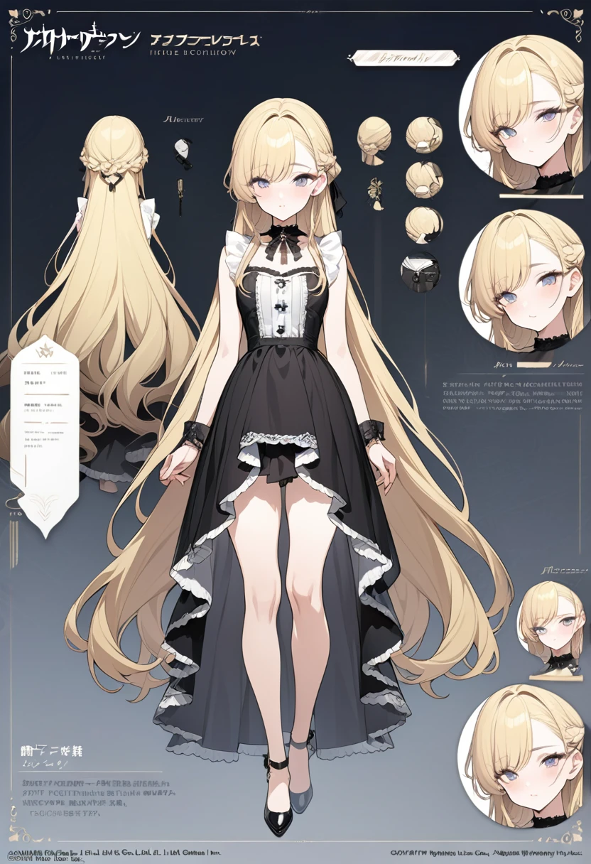 (masterpiece, highest quality, highest quality, official art, Cosmetology and aesthetics: 1.2), A cross-dressing boy, blonde hair, very long hair, french braid, dress, Cute, delicate and short,whole body,standing girl,three view drawing, front and back and side,character sheet,full body,simple background