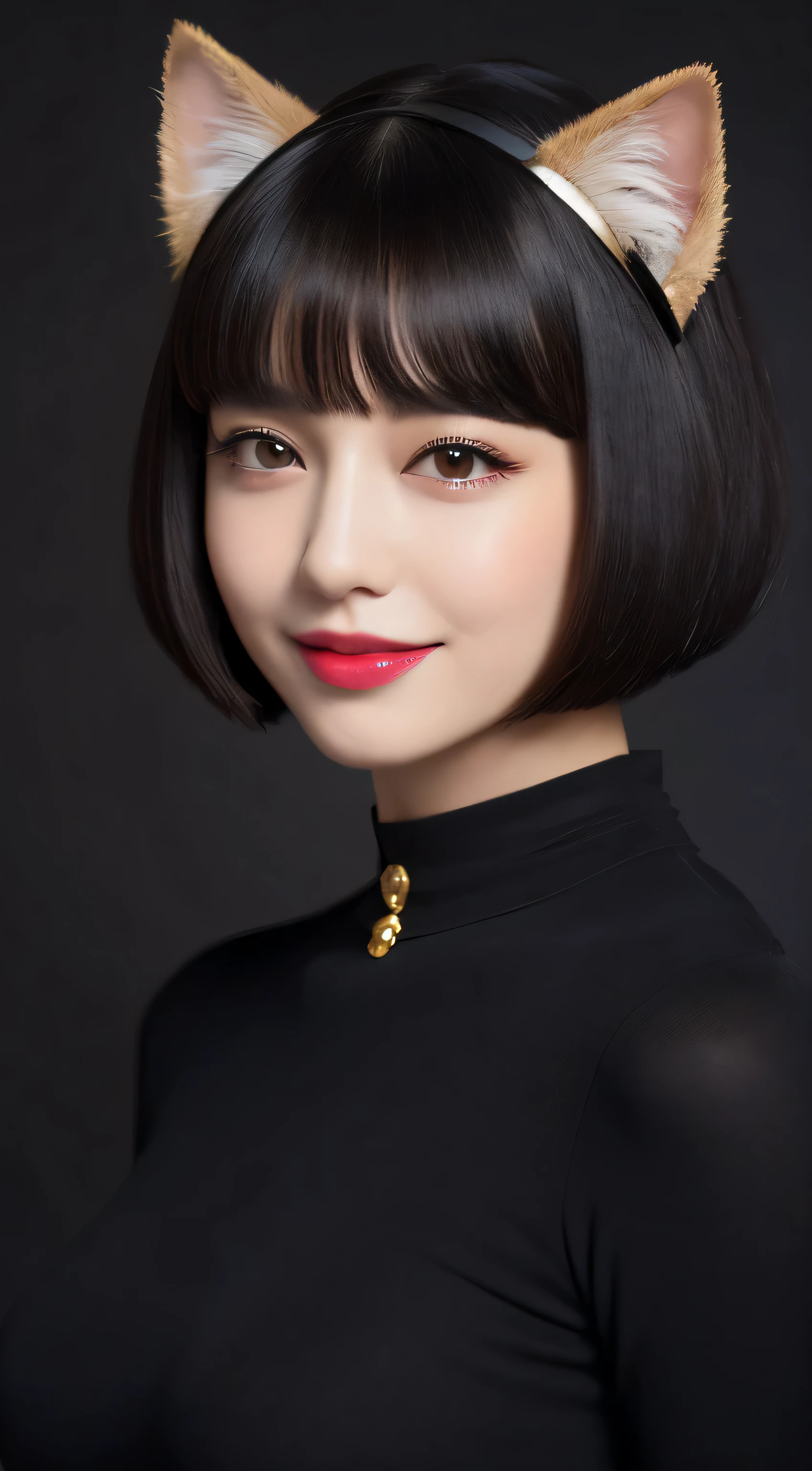 (highest quality, masterpiece, High resolution), (Reality),Cinematic light、Soft Light、Adult female, Black Hair,Bobcut, Black cat costume,  hair ornaments, choker, Cat ears、 Captivating smile,