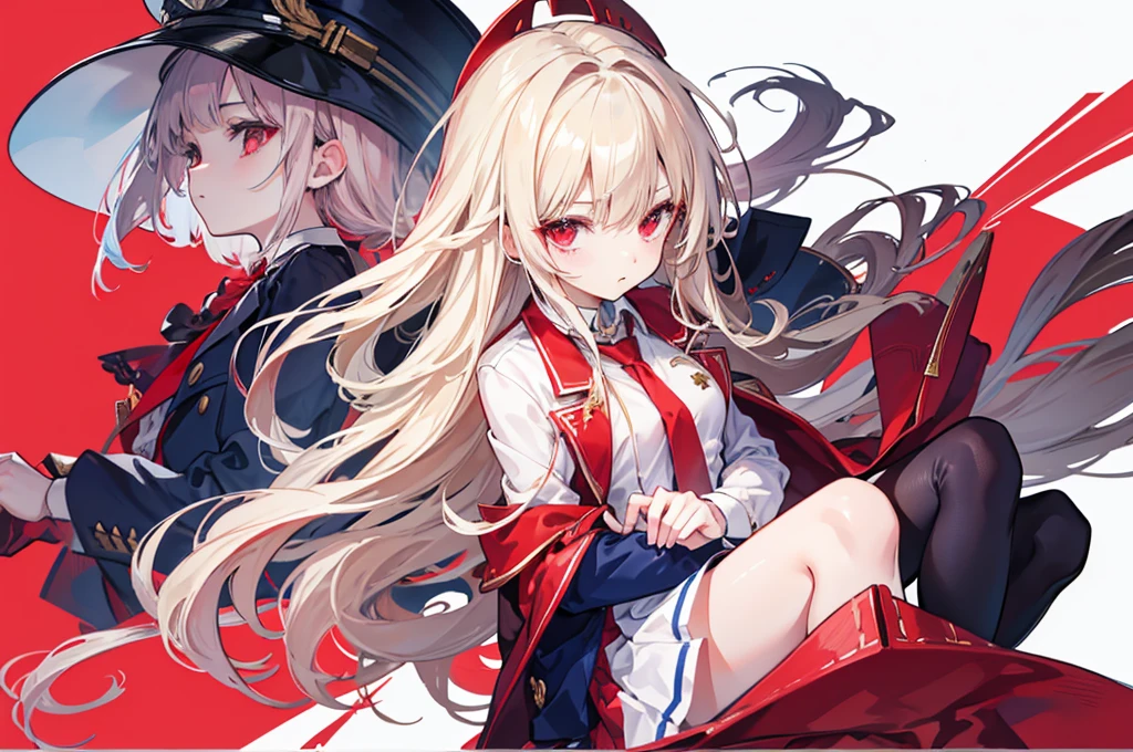 Character Sheet、whole body、girl、Beige Hair、Red Eyes、Long Hair、Gentle face、uniform、Navy blue blazer、Red tie、Red Skirt、Leather shoes、White background