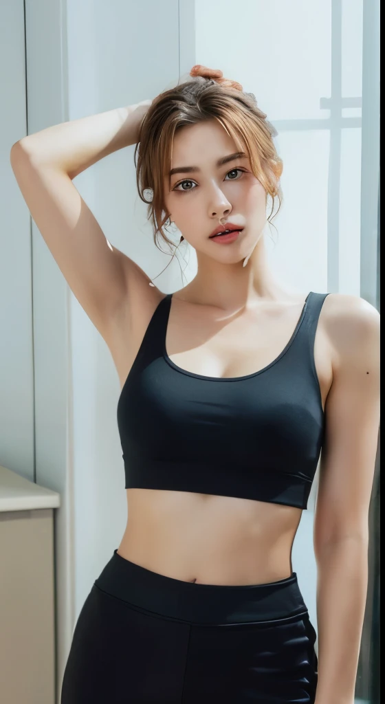 ((highest quality, 8k, masterpiece :1.3)), 1 girl, Beautiful woman highlighting her slim abs :1.3, (Random Hairstyles :1.2), Oversized tank top :1.2, Highly detailed face, Beautiful Eyes, double eyelid, Underarm、German