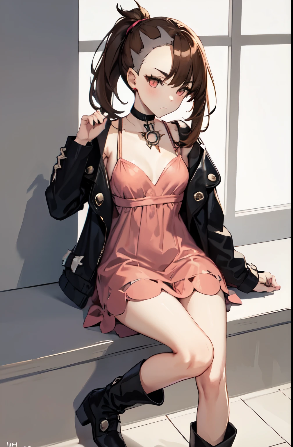 marnie_outfit, dress, pink dress, jacket, black jacket, open jacket, boots, ankle boots, black footwear, choker, black choker, collar,, absurdres, ultra detailed, masterpiece, best quality, aesthetic, detailed,, solo, frown,
1girl, red eyes, (tsurime:1.2), (brown hair:1.3), medium hair, (asymmetrical bangs, swept bangs, cowlick:1.35), flipped hair, foldedponytail, folded ponytail, (small breasts:1.3),