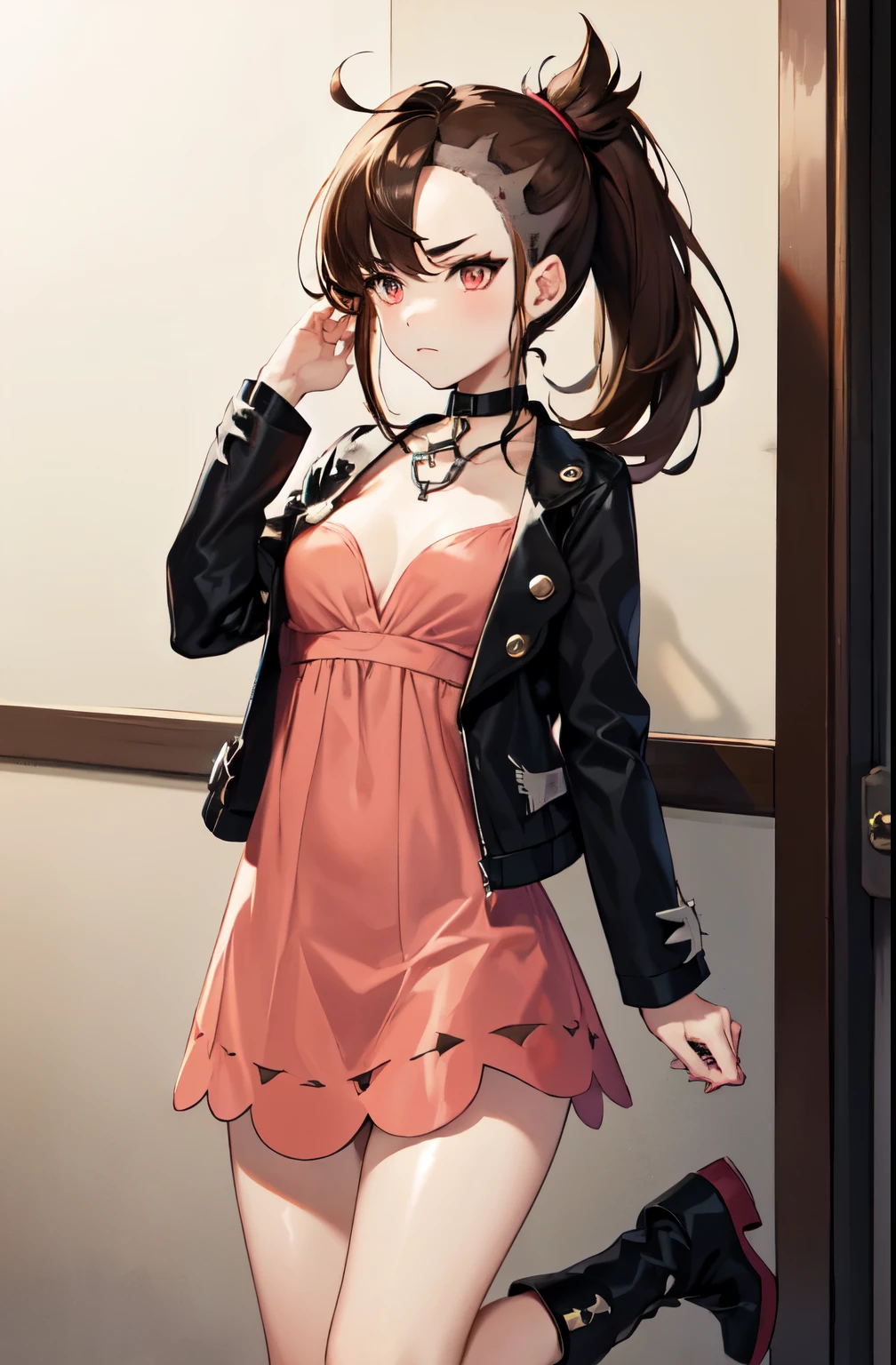 marnie_outfit, dress, pink dress, jacket, black jacket, open jacket, boots, ankle boots, black footwear, choker, black choker, collar,, absurdres, ultra detailed, masterpiece, best quality, aesthetic, detailed,, solo, frown,
1girl, red eyes, (tsurime:1.2), (brown hair:1.3), medium hair, (asymmetrical bangs, swept bangs, cowlick:1.35), flipped hair, foldedponytail, folded ponytail, (small breasts:1.3),