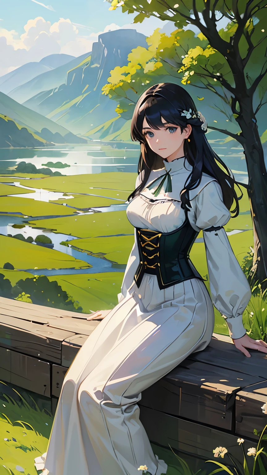 (highest quality、High resolution、masterpiece)、(Anime Art 4k)、(Photorealistic)、Portraiture、 (whole body)、(1 person)、20-year-old woman、Beautiful Face、 (Facial detailing)、Black Hair、 short hair、 Beautiful Hair、Shiny Hair、(Put your hair up、Combing hair)、Skin Texture、Slim figure、Small breasts、(Irish dancing in light armor)、irish music、irish costume、Laced corset、Armor Skirt、Country girl、Cinema Lighting、Ray Tracing、Soft Light、Landscape painted on a foggy morning、Outdoor、Nice views、pastoral landscapes、Steppe zone、sheep、Border Collie、Lake and mountains in the distance background々、(Sargent-style watercolor)、(Edmund Leighton Style)、