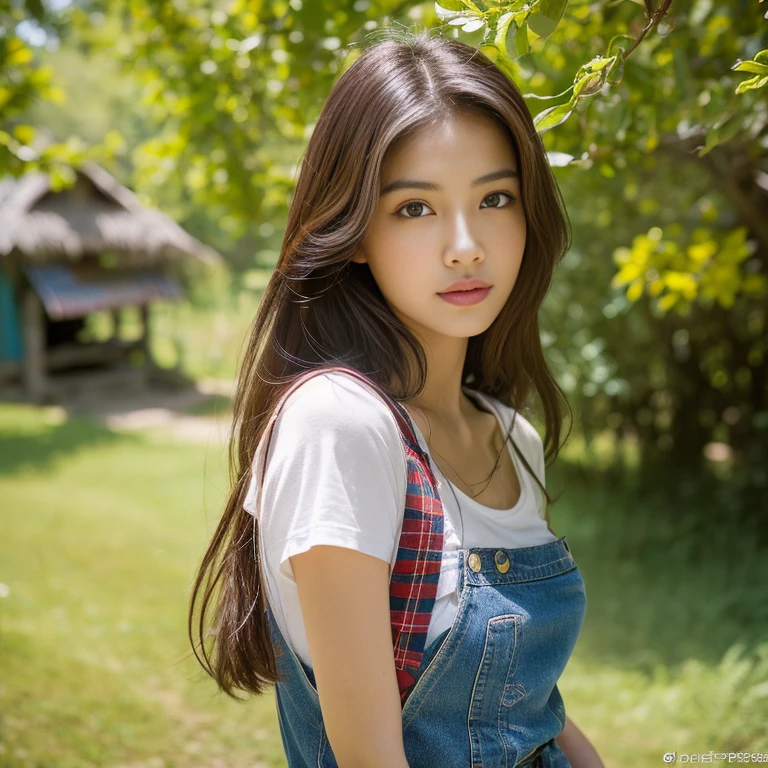 Best picture quality, Masterpiece, Ultra high resolution 8K, photograph, Asian girl wearing old, ripped, short jeans., Wears a short-sleeved shirt with a red and blue plaid pattern. Strong and beautiful.;) Long hair blows up in the wind.,) Look straight at the camera intently.,) Natural countryside with old thatched huts,) There are red flowers around. The sunlight shone brightly.,.. Picture clarity 8k, Taken with a high quality camera 45,000,000 pixels