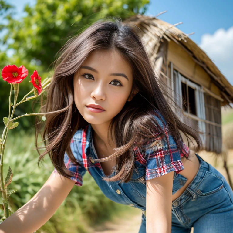 Best picture quality, Masterpiece, Ultra high resolution 8K, photograph, Asian girl wearing old, ripped, short jeans., Wears a short-sleeved shirt with a red and blue plaid pattern. Strong and beautiful.;) Long hair blows up in the wind.,) Look straight at the camera intently.,) Natural countryside with old thatched huts,) There are red flowers around. The sunlight shone brightly.,.. Picture clarity 8k, Taken with a high quality camera 45,000,000 pixels