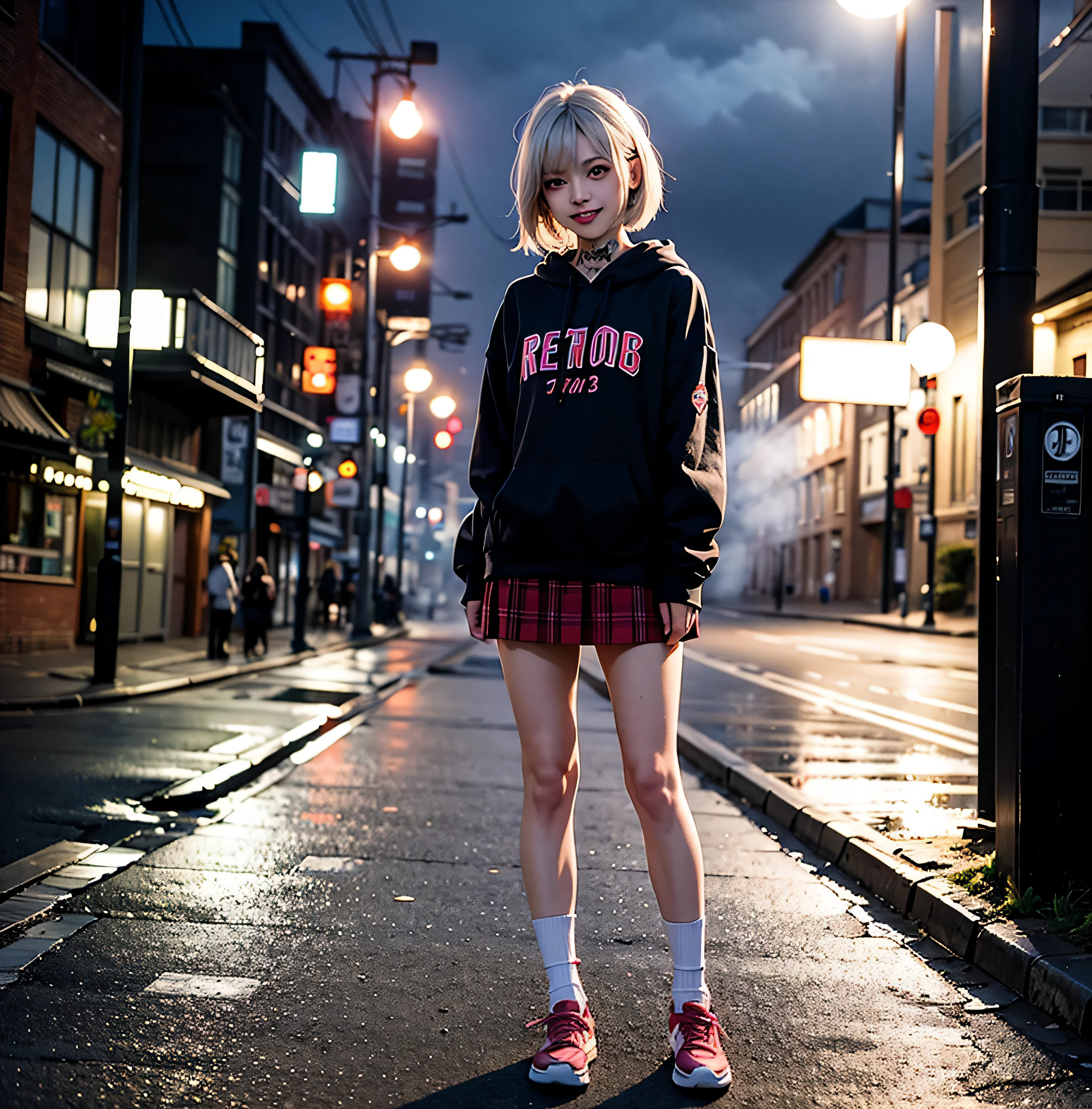 1girl, white hairs, ower sized hoodie, on street, neon lights, skirts, tattoos, jewelry, night, bio robot, high resolution, 8k, foggy, empty street, long socks, red eyes, smile, blush