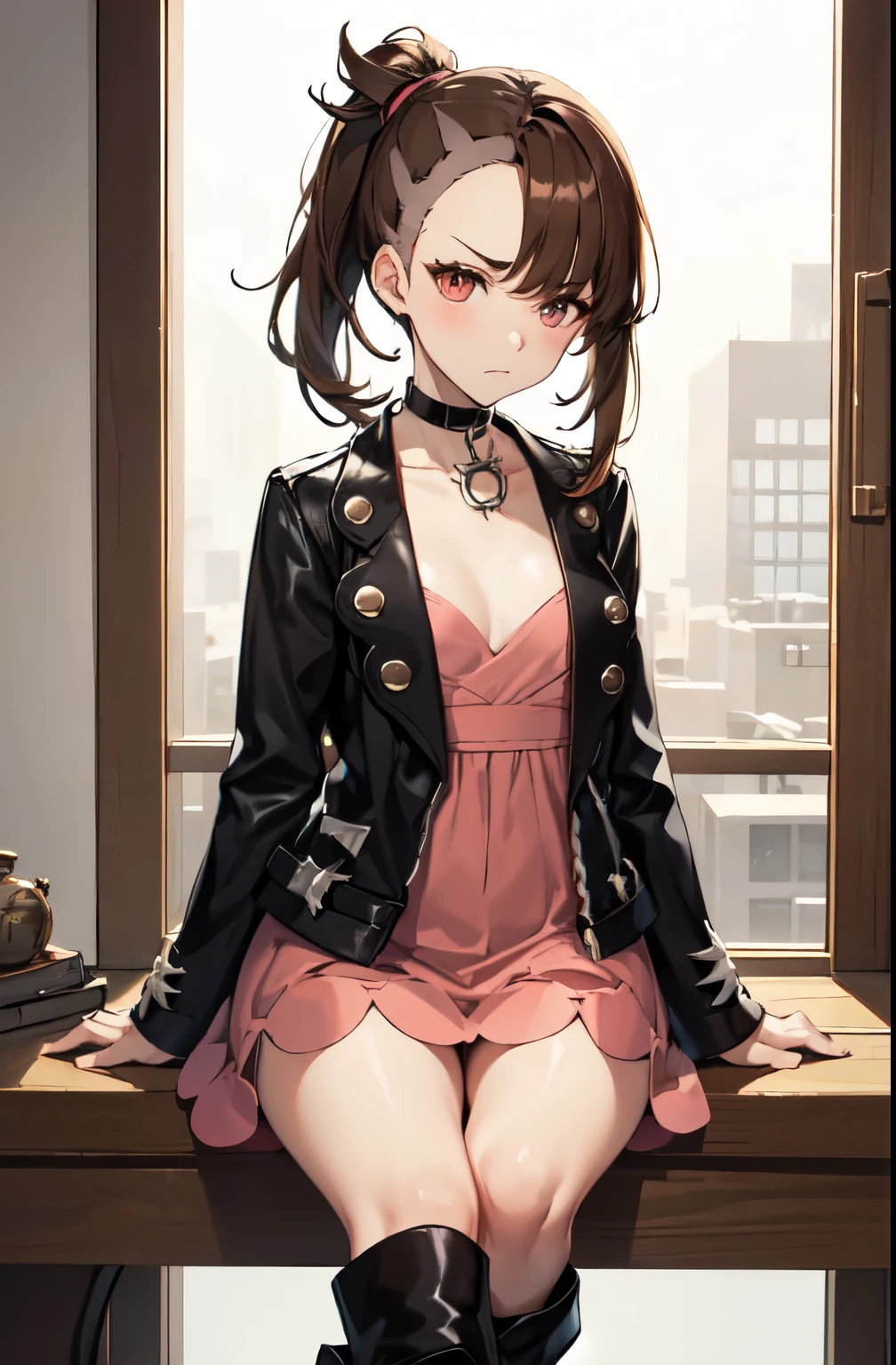 marnie_outfit, dress, pink dress, jacket, black jacket, open jacket, boots, ankle boots, black footwear, choker, black choker, collar,, absurdres, ultra detailed, masterpiece, best quality, aesthetic, detailed,, solo, frown,
1girl, red eyes, (tsurime:1.2), (brown hair:1.3), medium hair, (asymmetrical bangs, swept bangs, cowlick:1.35), flipped hair, foldedponytail, folded ponytail, (small breasts:1.3),